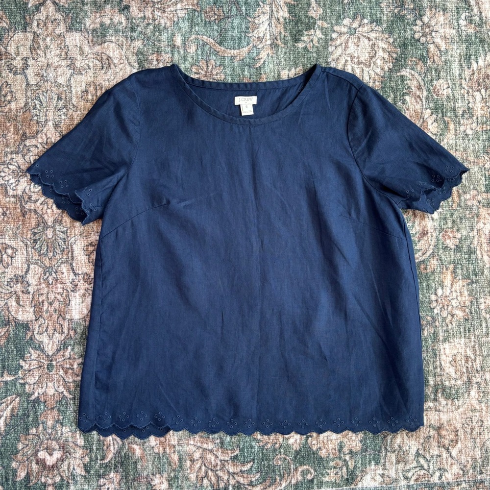 J.Crew 100% Linen Top 6 Navy Eyelet Scalloped Preppy Coastal Nautical Cottage